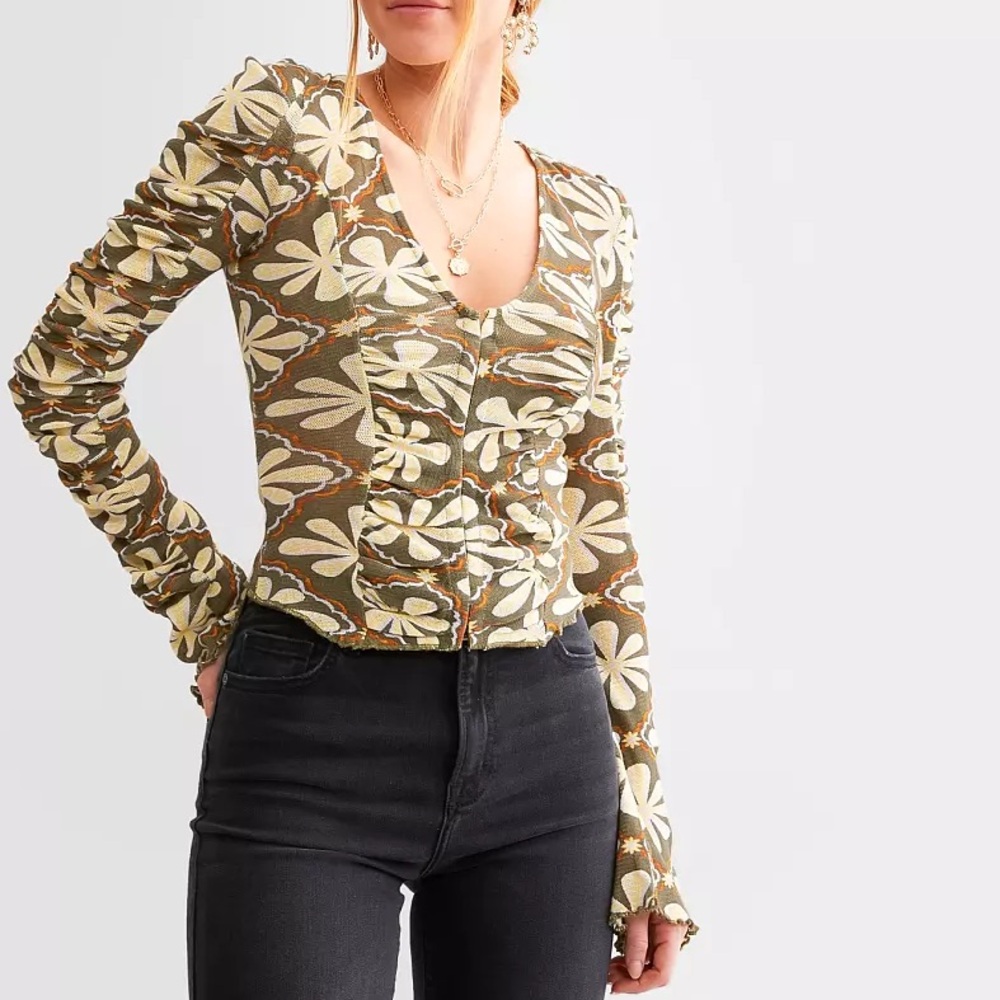 FREE PEOPLE Through The Meadow Top-Size S-Dried Basil Floral Mesh Ruched Top-NWT